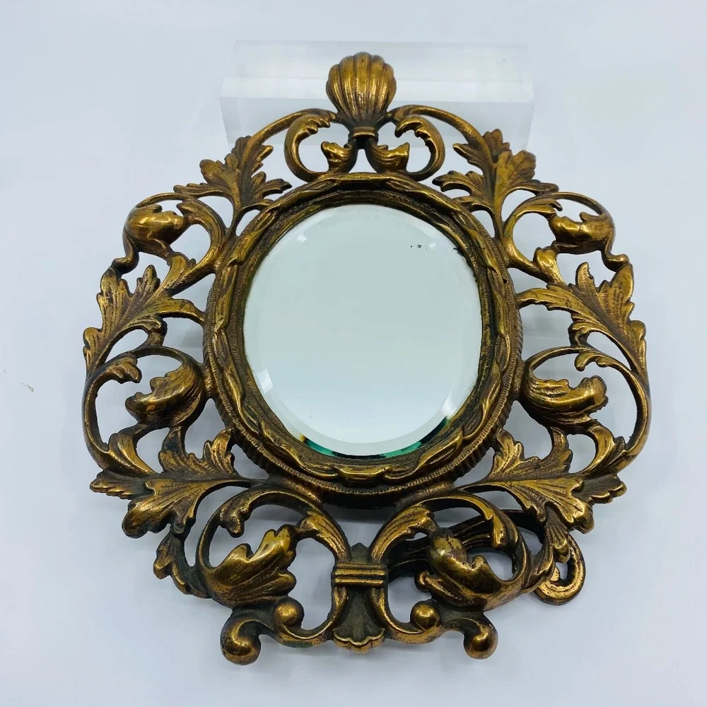 Antique Bronze Ornate Free Standing Beveled Mirror.